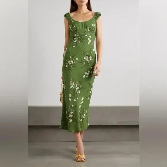 NEW, Reformation Demy Floral-Print Georgette Midi Dress in Green Sz M #MD1426 - Picture 10 of 10